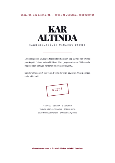 Kar Altında yazdırılabilir cinayeti kim işledi oyunu PDF kapağı